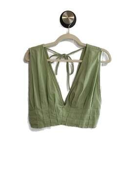 Free People Sage Green Seagram V-Neck Smocked Back Crop Top Large Boho Hippie